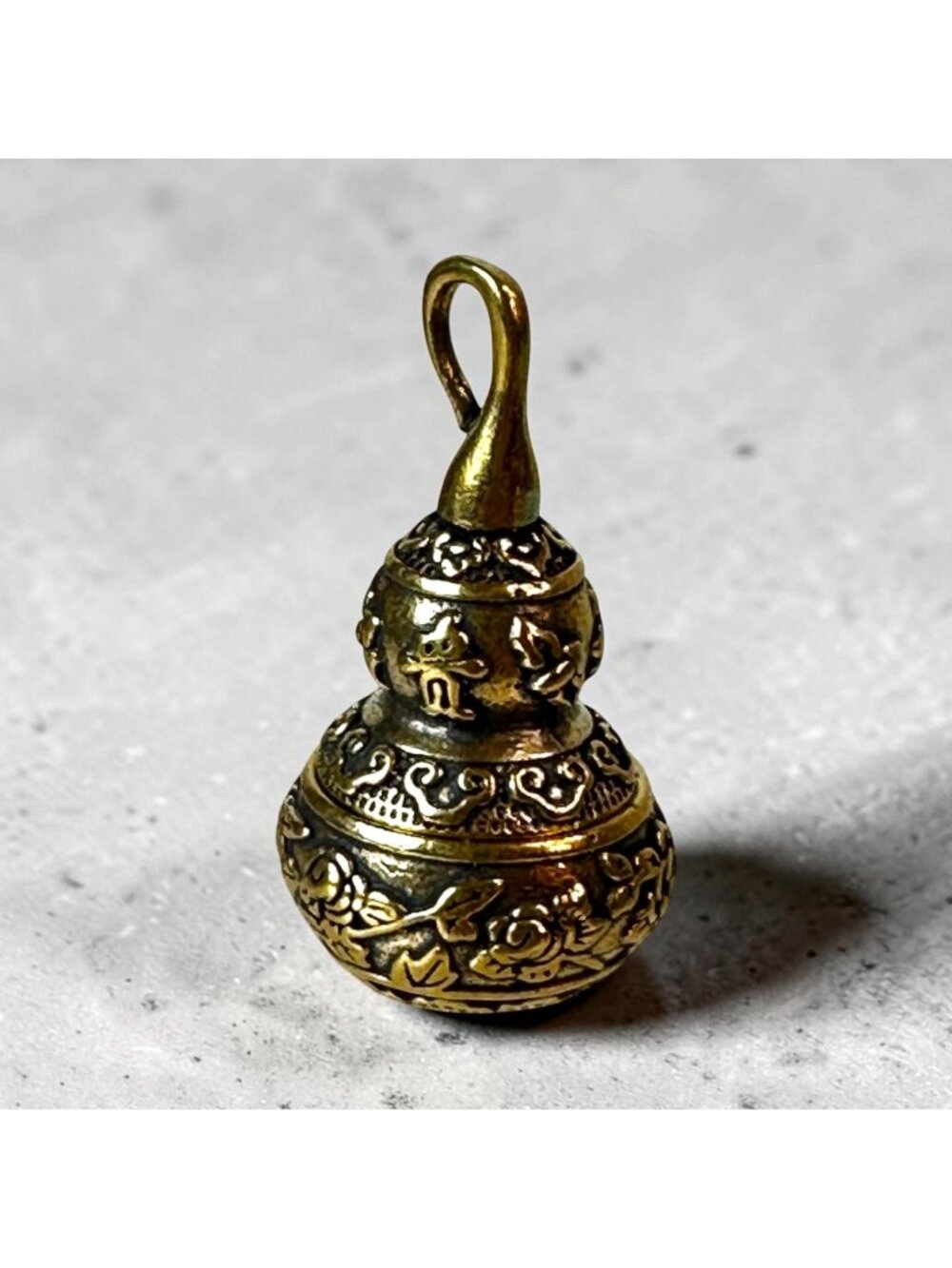 Vintage Brass Gourd-Shaped Pendant With Intricate Floral Carvings & Hidden Compa